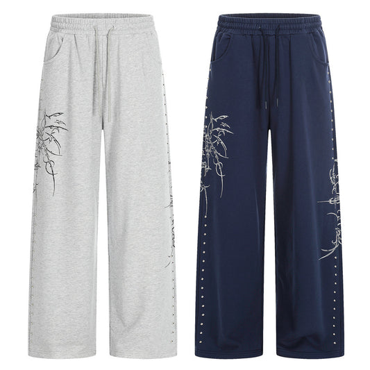 High-Street American-Style Design Womens Straight Joggers With Thorn Print